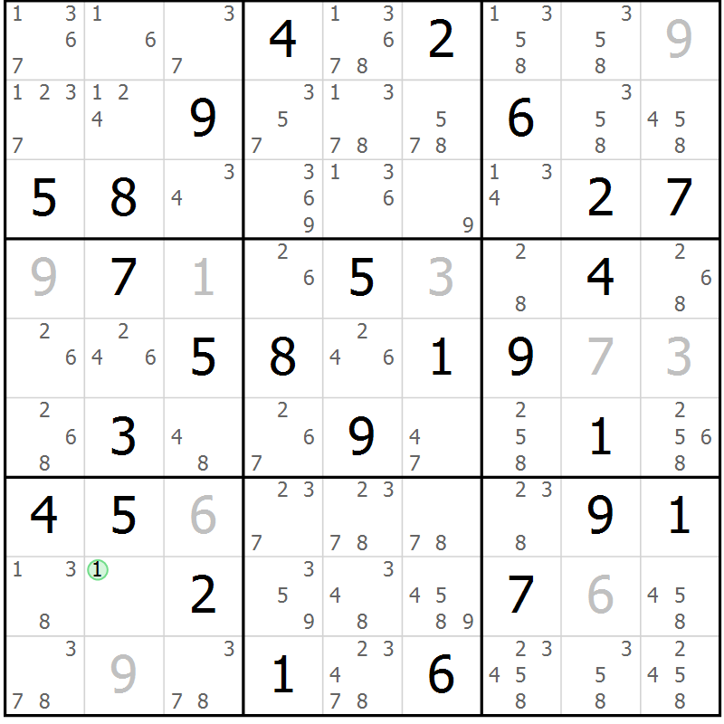 Position des candidats pour la solution de la Gr 90 page 93 du magazine de sudoku Giga sudoku niv 6-8 n° 032