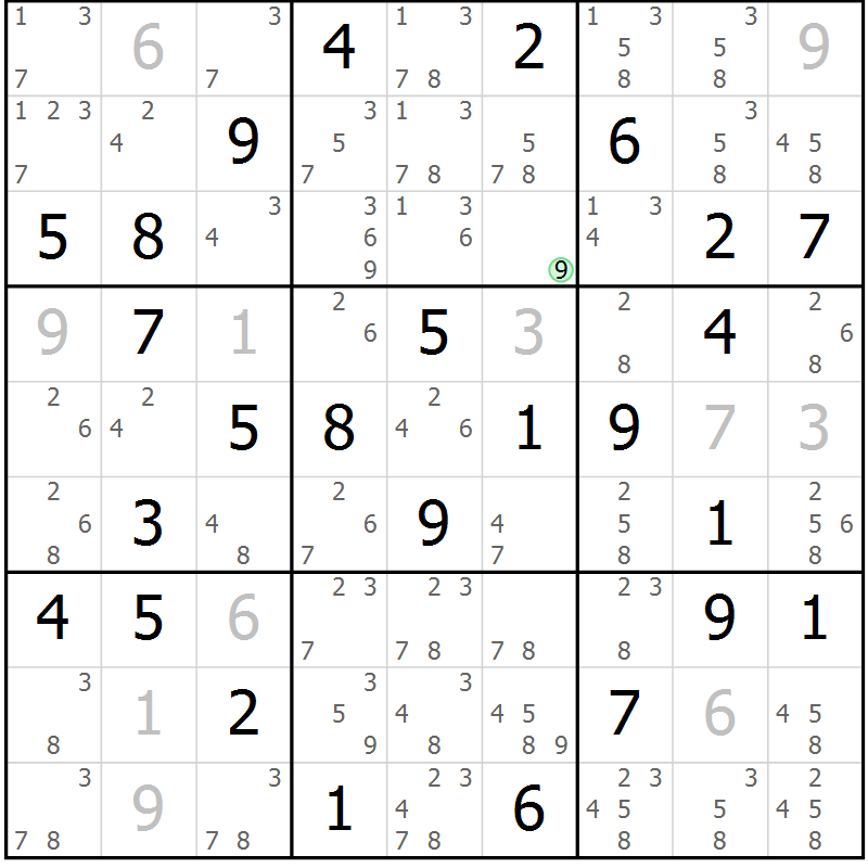 Position des candidats pour la solution de la Gr 90 page 93 du magazine de sudoku Giga sudoku niv 6-8 n° 032