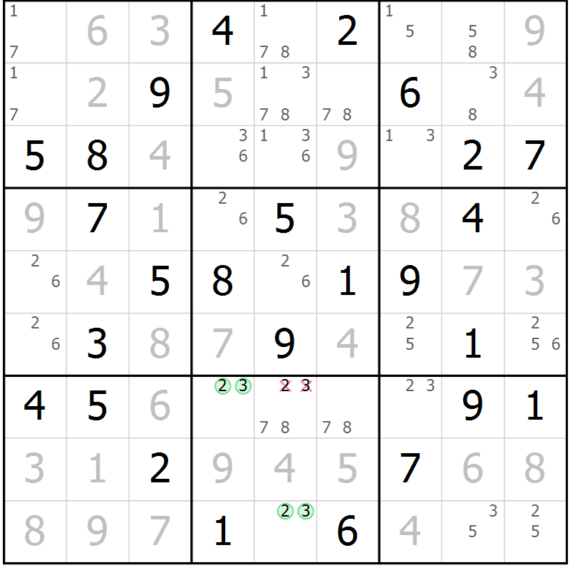 Position des candidats pour la solution de la Gr 90 page 93 du magazine de sudoku Giga sudoku niv 6-8 n° 032