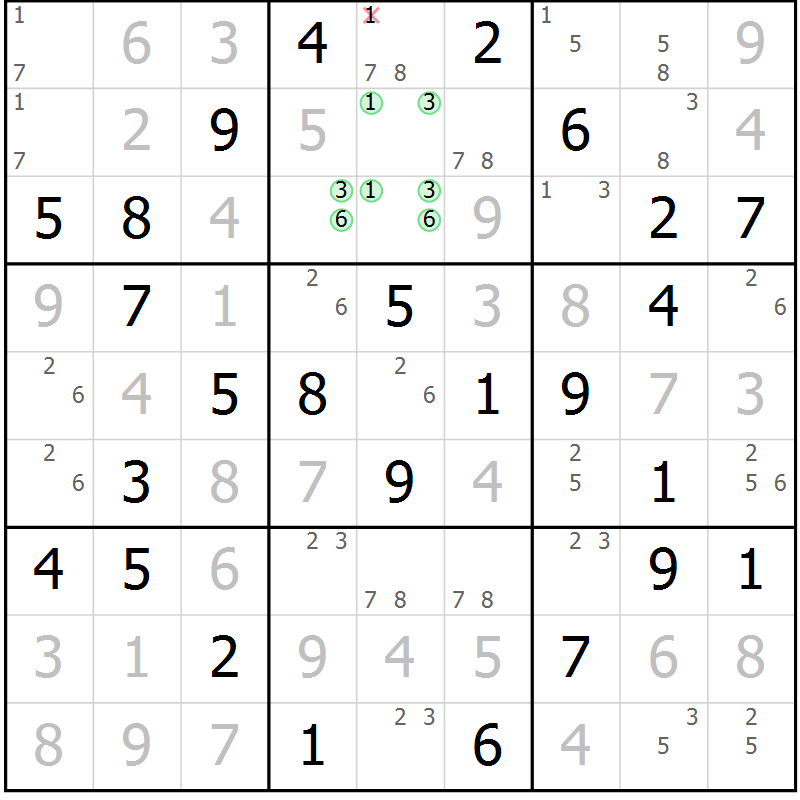Position des candidats pour la solution de la Gr 90 page 93 du magazine de sudoku Giga sudoku niv 6-8 n° 032