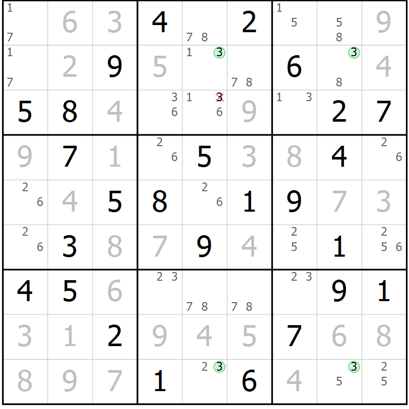 Position des candidats pour la solution de la Gr 90 page 93 du magazine de sudoku Giga sudoku niv 6-8 n° 032