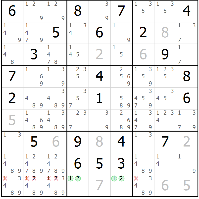 Position des candidats pour la solution de la Gr 92 page 95 du magazine de sudoku Giga sudoku niv 6-8 n° 032