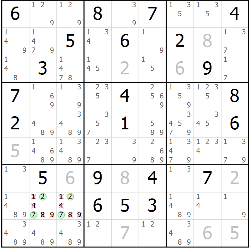 Position des candidats pour la solution de la Gr 92 page 95 du magazine de sudoku Giga sudoku niv 6-8 n° 032