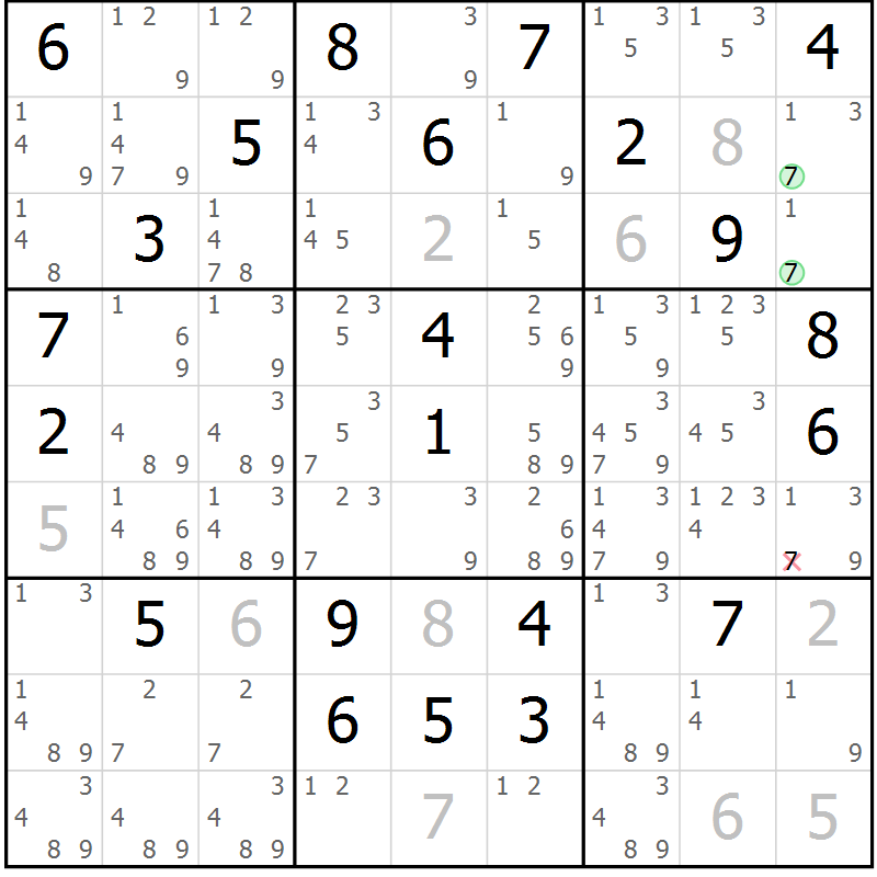 Position des candidats pour la solution de la Gr 92 page 95 du magazine de sudoku Giga sudoku niv 6-8 n° 032