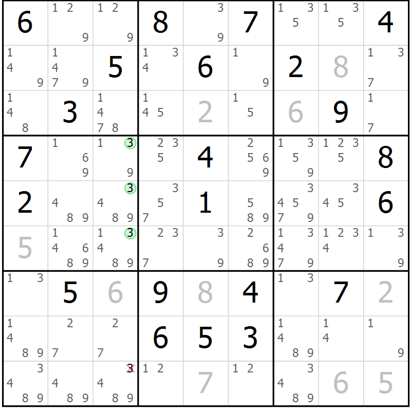 Position des candidats pour la solution de la Gr 92 page 95 du magazine de sudoku Giga sudoku niv 6-8 n° 032