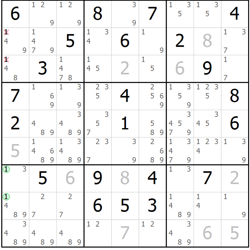 Position des candidats pour la solution de la Gr 92 page 95 du magazine de sudoku Giga sudoku niv 6-8 n° 032