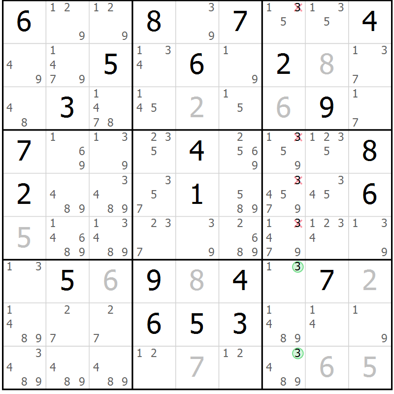Position des candidats pour la solution de la Gr 92 page 95 du magazine de sudoku Giga sudoku niv 6-8 n° 032