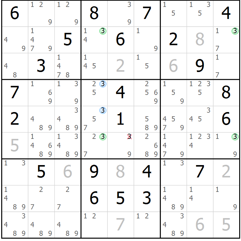 Position des candidats pour la solution de la Gr 92 page 95 du magazine de sudoku Giga sudoku niv 6-8 n° 032