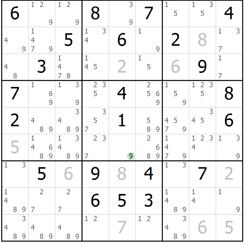 Position des candidats pour la solution de la Gr 92 page 95 du magazine de sudoku Giga sudoku niv 6-8 n° 032