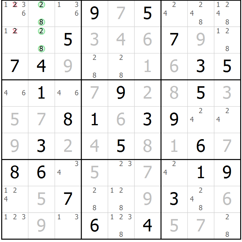 Position des candidats pour la solution de la Gr 93 page 96 du magazine de sudoku Giga sudoku niv 6-8 n° 032