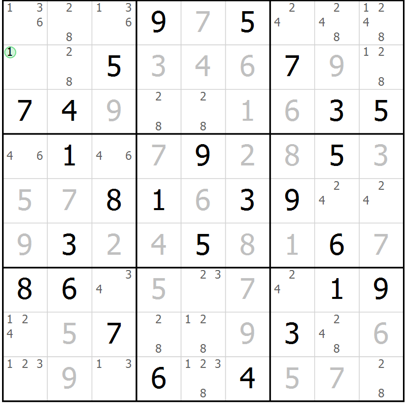 Position des candidats pour la solution de la Gr 93 page 96 du magazine de sudoku Giga sudoku niv 6-8 n° 032