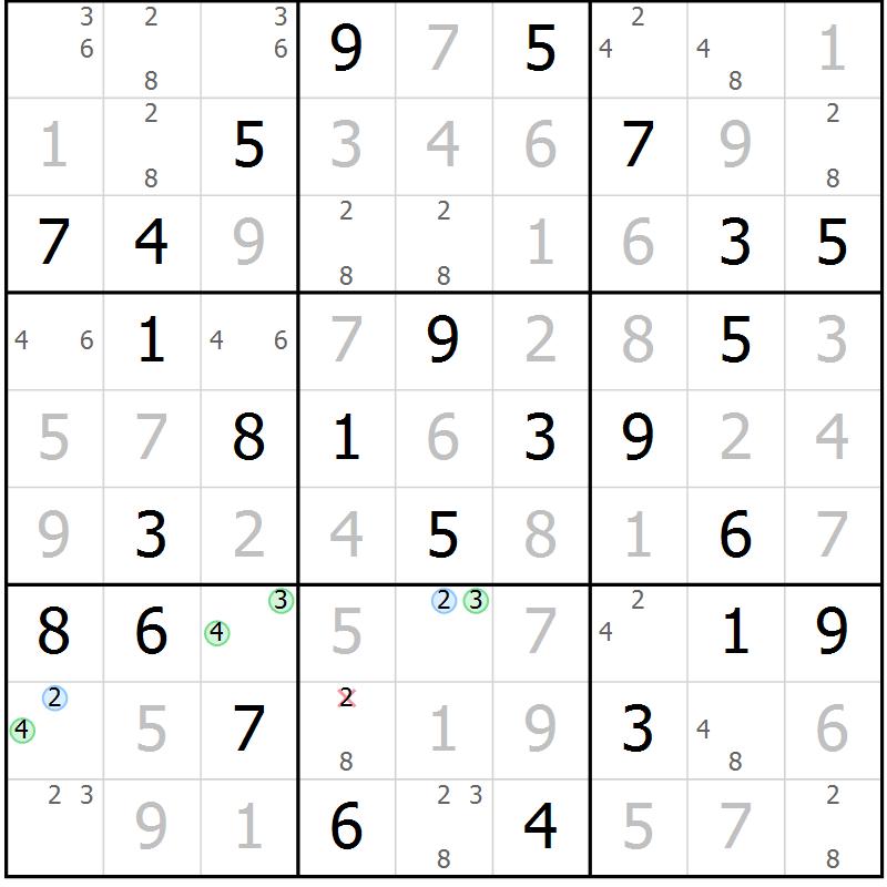 Position des candidats pour la solution de la Gr 93 page 96 du magazine de sudoku Giga sudoku niv 6-8 n° 032