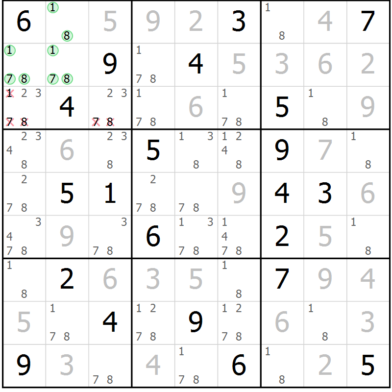 Position des candidats pour la solution de la Gr 94 page 97 du magazine de sudoku Giga sudoku niv 6-8 n° 032