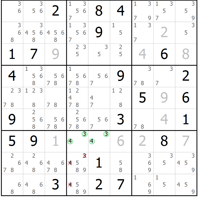Position des candidats pour la solution de la Gr 95 page 98 du magazine de sudoku Giga sudoku niv 6-8 n° 032