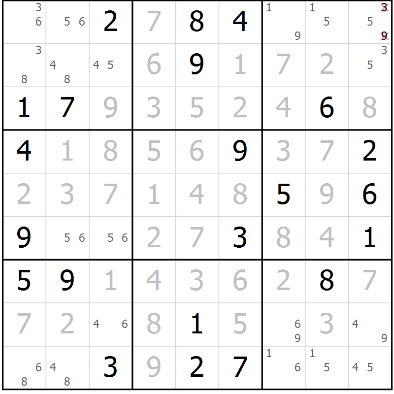 Position des candidats pour la solution de la Gr 95 page 98 du magazine de sudoku Giga sudoku niv 6-8 n° 032