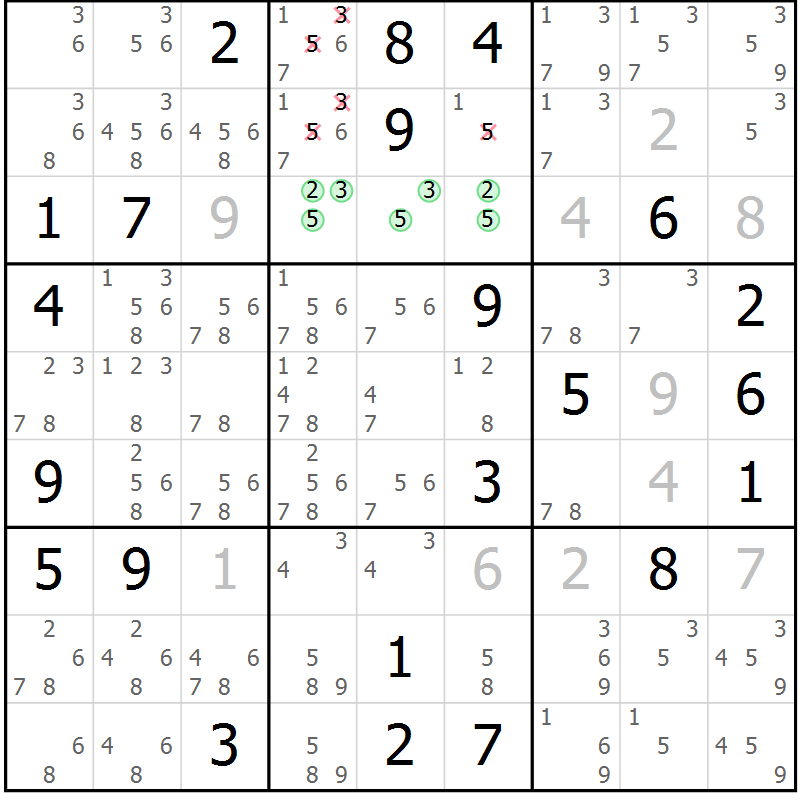 Position des candidats pour la solution de la Gr 95 page 98 du magazine de sudoku Giga sudoku niv 6-8 n° 032