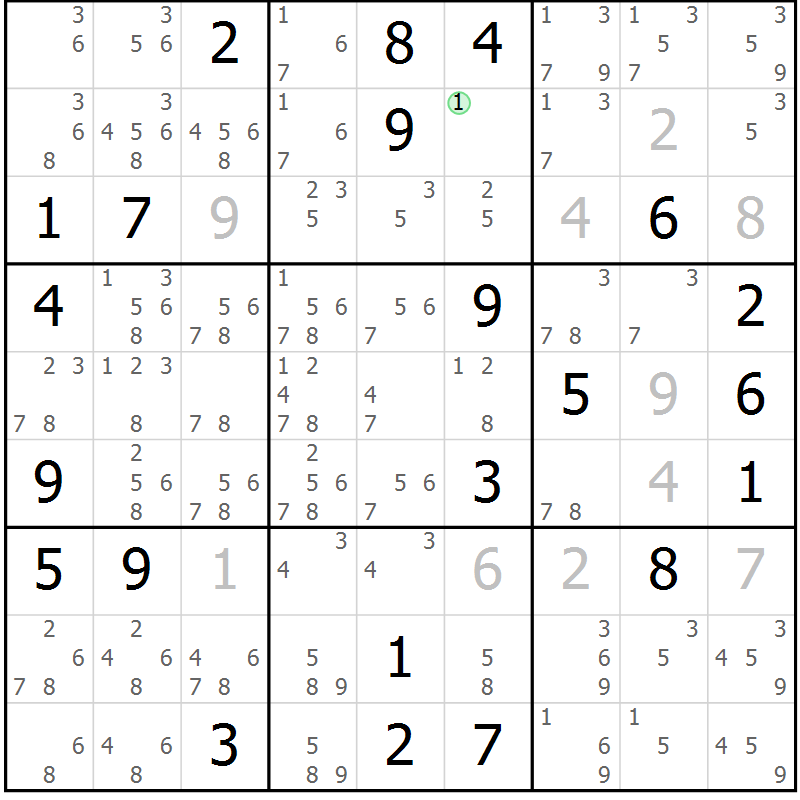 Position des candidats pour la solution de la Gr 95 page 98 du magazine de sudoku Giga sudoku niv 6-8 n° 032