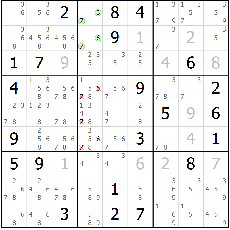 Position des candidats pour la solution de la Gr 95 page 98 du magazine de sudoku Giga sudoku niv 6-8 n° 032
