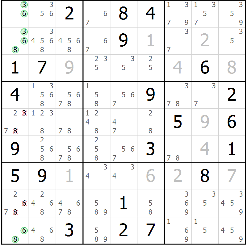 Position des candidats pour la solution de la Gr 95 page 98 du magazine de sudoku Giga sudoku niv 6-8 n° 032
