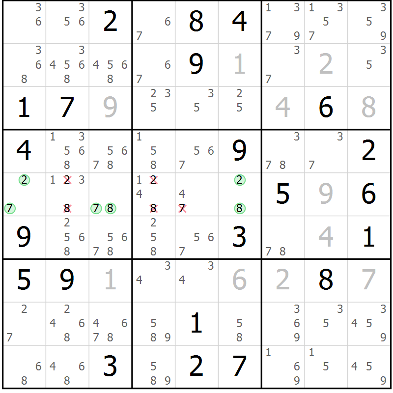 Position des candidats pour la solution de la Gr 95 page 98 du magazine de sudoku Giga sudoku niv 6-8 n° 032