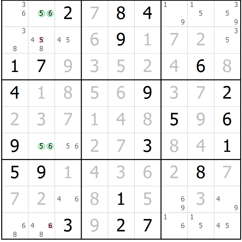 Position des candidats pour la solution de la Gr 95 page 98 du magazine de sudoku Giga sudoku niv 6-8 n° 032