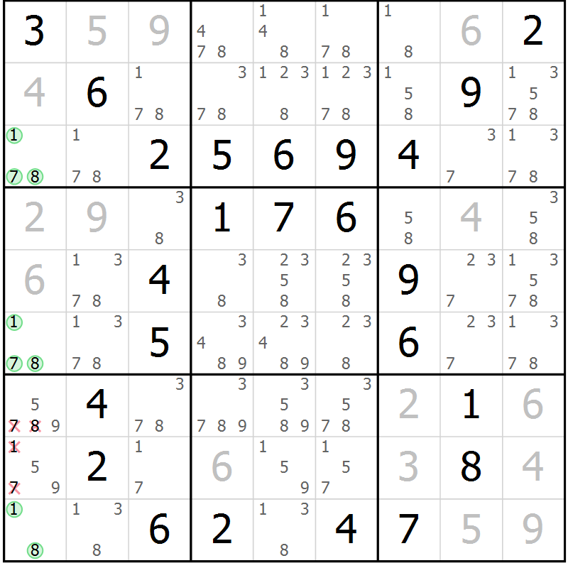 Position des candidats pour la solution de la Gr 96 page 99 du magazine de sudoku Giga sudoku niv 6-8 n° 032