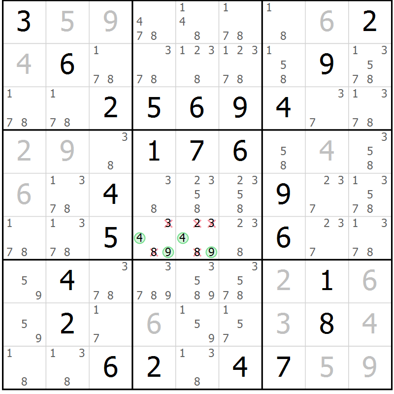 Position des candidats pour la solution de la Gr 96 page 99 du magazine de sudoku Giga sudoku niv 6-8 n° 032