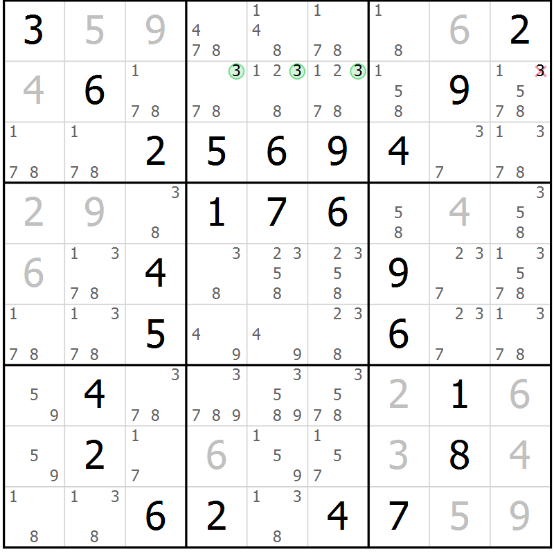 Position des candidats pour la solution de la Gr 96 page 99 du magazine de sudoku Giga sudoku niv 6-8 n° 032