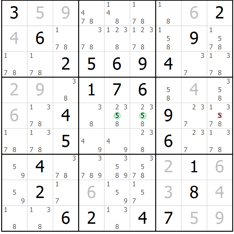 Position des candidats pour la solution de la Gr 96 page 99 du magazine de sudoku Giga sudoku niv 6-8 n° 032