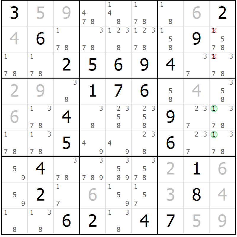 Position des candidats pour la solution de la Gr 96 page 99 du magazine de sudoku Giga sudoku niv 6-8 n° 032