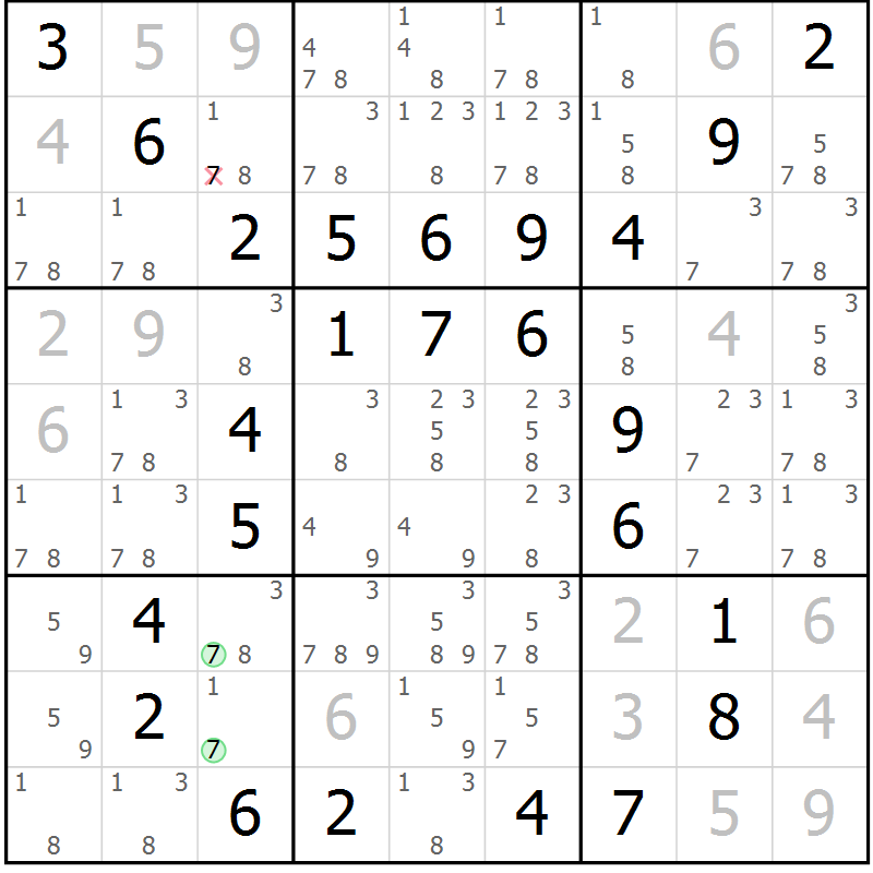 Position des candidats pour la solution de la Gr 96 page 99 du magazine de sudoku Giga sudoku niv 6-8 n° 032