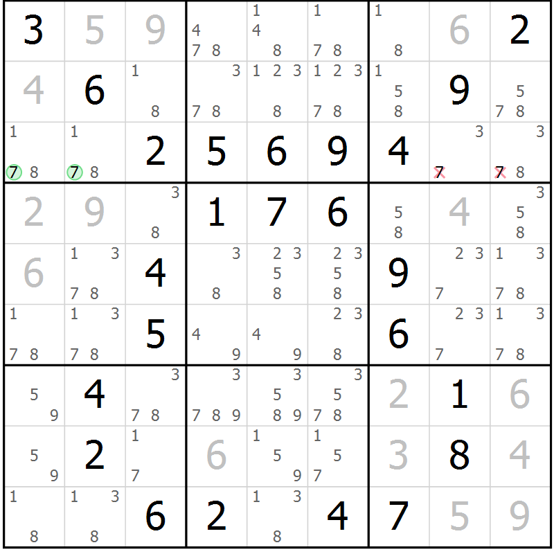 Position des candidats pour la solution de la Gr 96 page 99 du magazine de sudoku Giga sudoku niv 6-8 n° 032