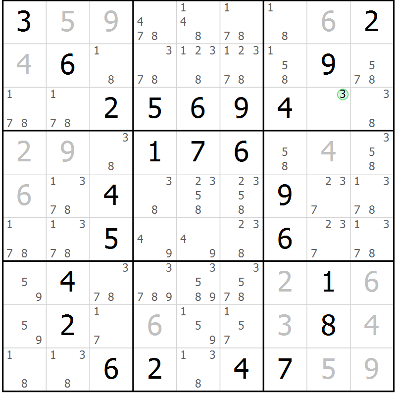 Position des candidats pour la solution de la Gr 96 page 99 du magazine de sudoku Giga sudoku niv 6-8 n° 032