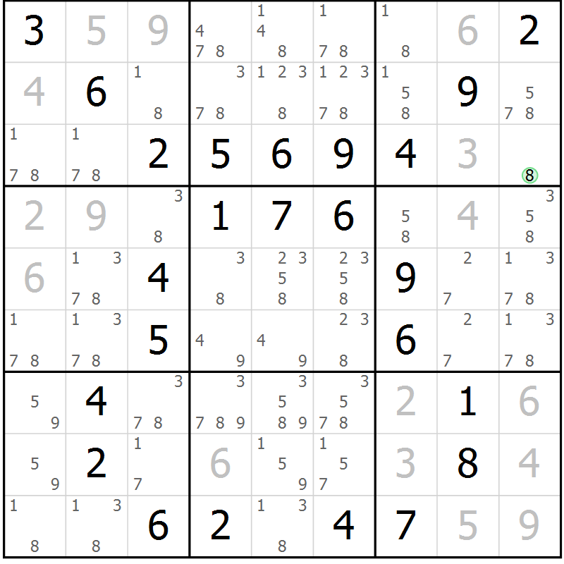 Position des candidats pour la solution de la Gr 96 page 99 du magazine de sudoku Giga sudoku niv 6-8 n° 032