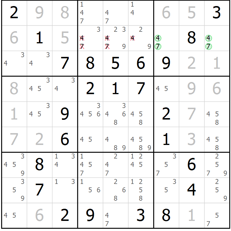 Position des candidats pour la solution de la Gr 97 page 100 du magazine de sudoku Giga sudoku niv 6-8 n° 032