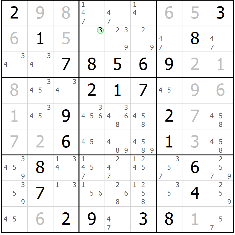 Position des candidats pour la solution de la Gr 97 page 100 du magazine de sudoku Giga sudoku niv 6-8 n° 032