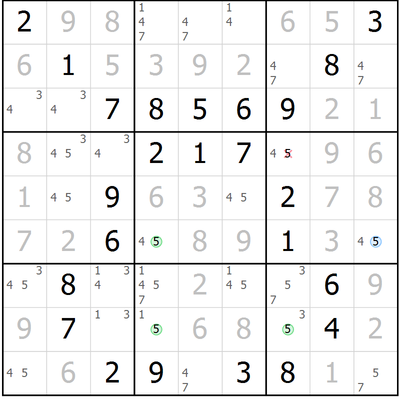 Position des candidats pour la solution de la Gr 97 page 100 du magazine de sudoku Giga sudoku niv 6-8 n° 032