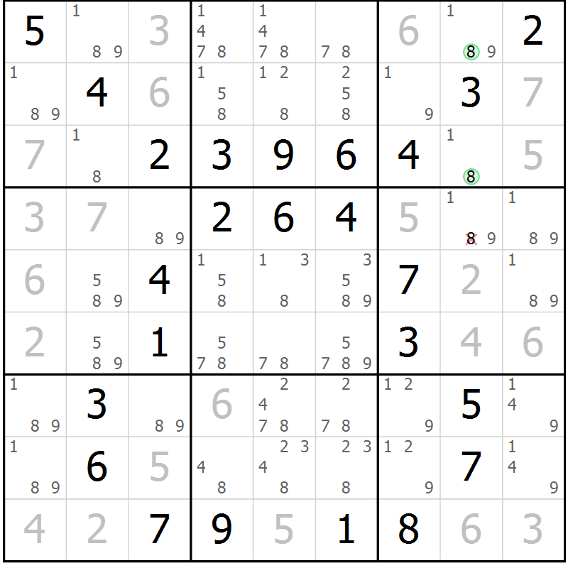 Position des candidats pour la solution de la Gr 98 page 101 du magazine de sudoku Giga sudoku niv 6-8 n° 032