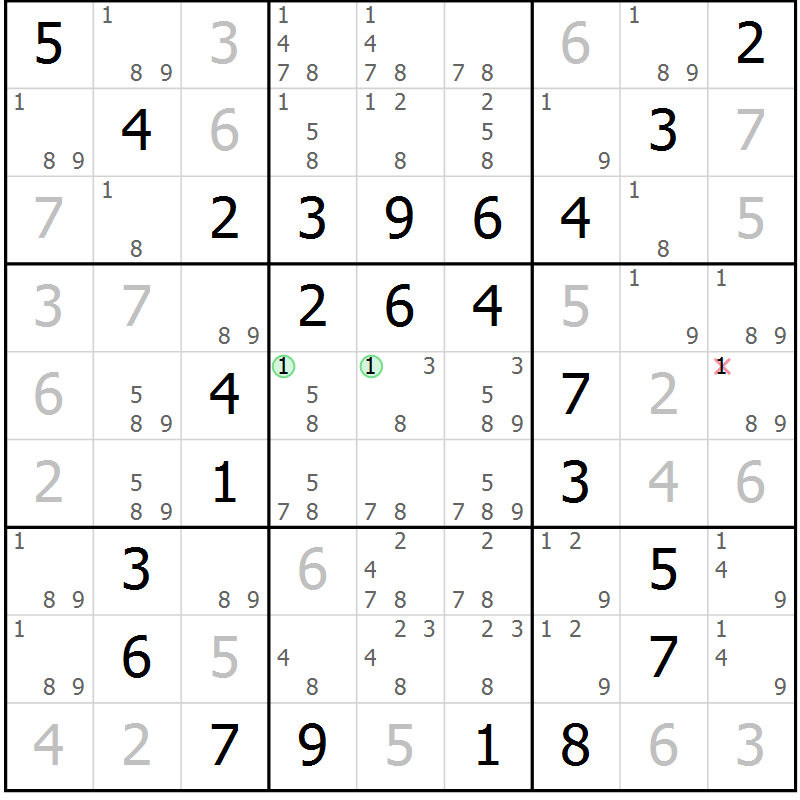 Position des candidats pour la solution de la Gr 98 page 101 du magazine de sudoku Giga sudoku niv 6-8 n° 032
