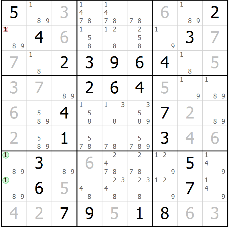 Position des candidats pour la solution de la Gr 98 page 101 du magazine de sudoku Giga sudoku niv 6-8 n° 032