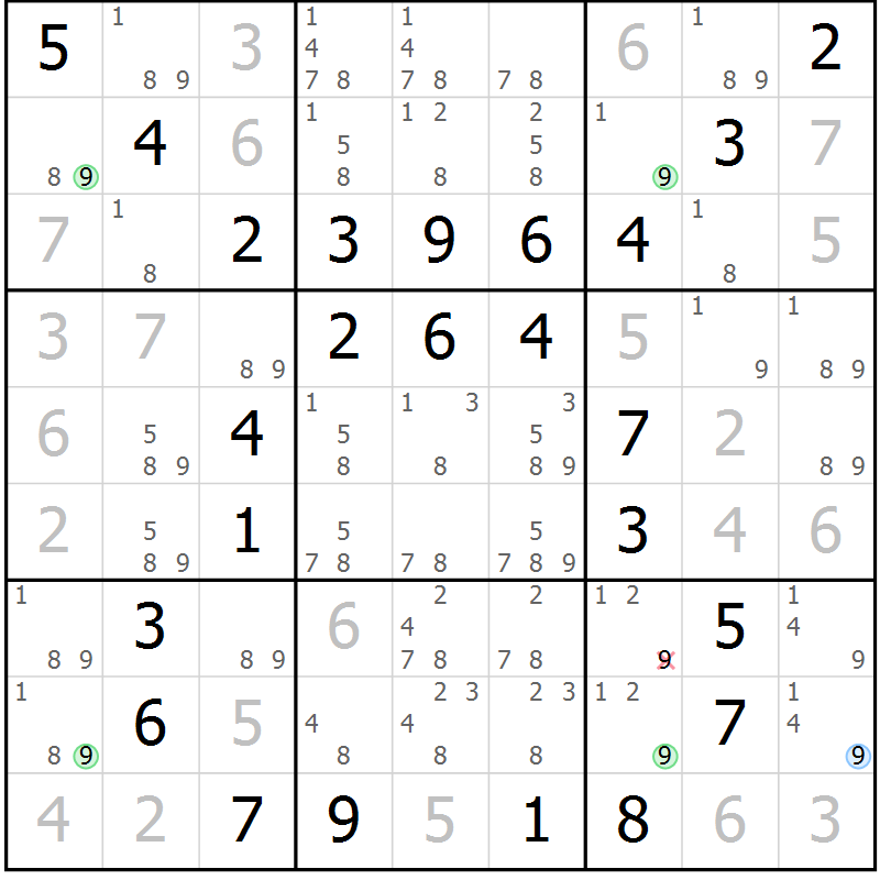 Position des candidats pour la solution de la Gr 98 page 101 du magazine de sudoku Giga sudoku niv 6-8 n° 032