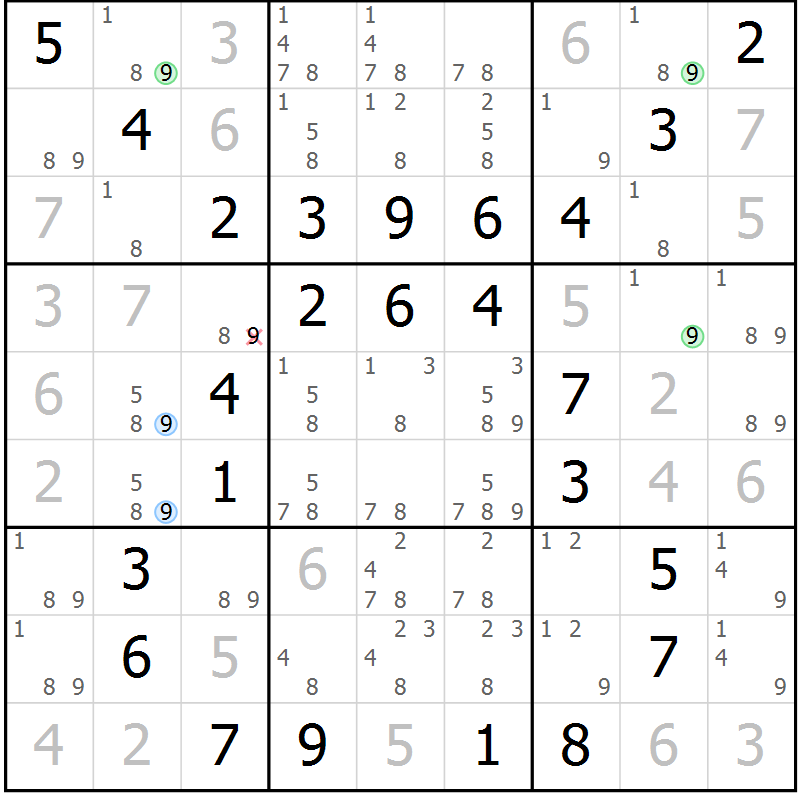Position des candidats pour la solution de la Gr 98 page 101 du magazine de sudoku Giga sudoku niv 6-8 n° 032