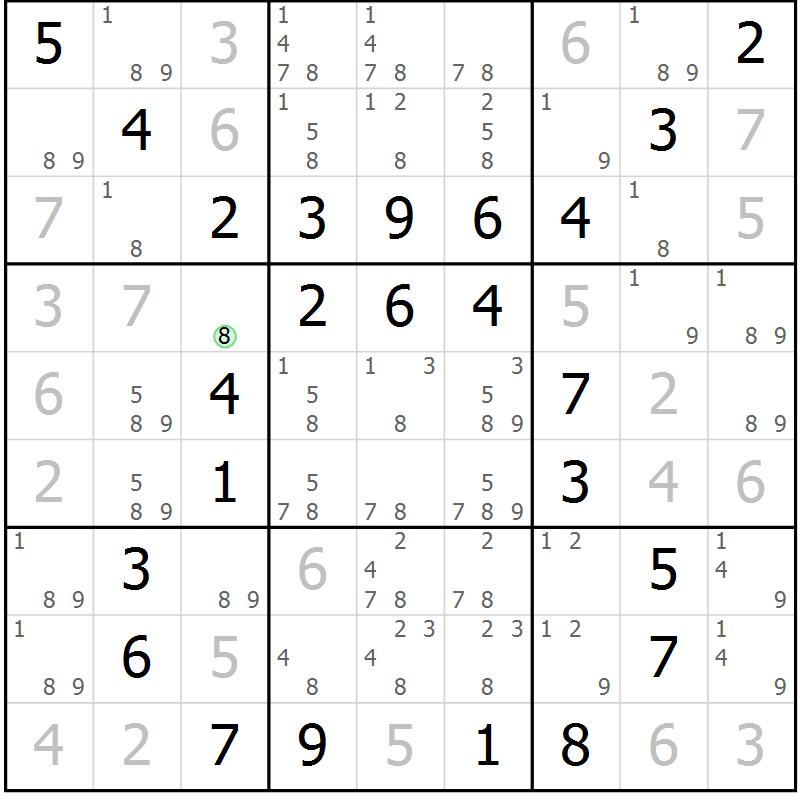 Position des candidats pour la solution de la Gr 98 page 101 du magazine de sudoku Giga sudoku niv 6-8 n° 032