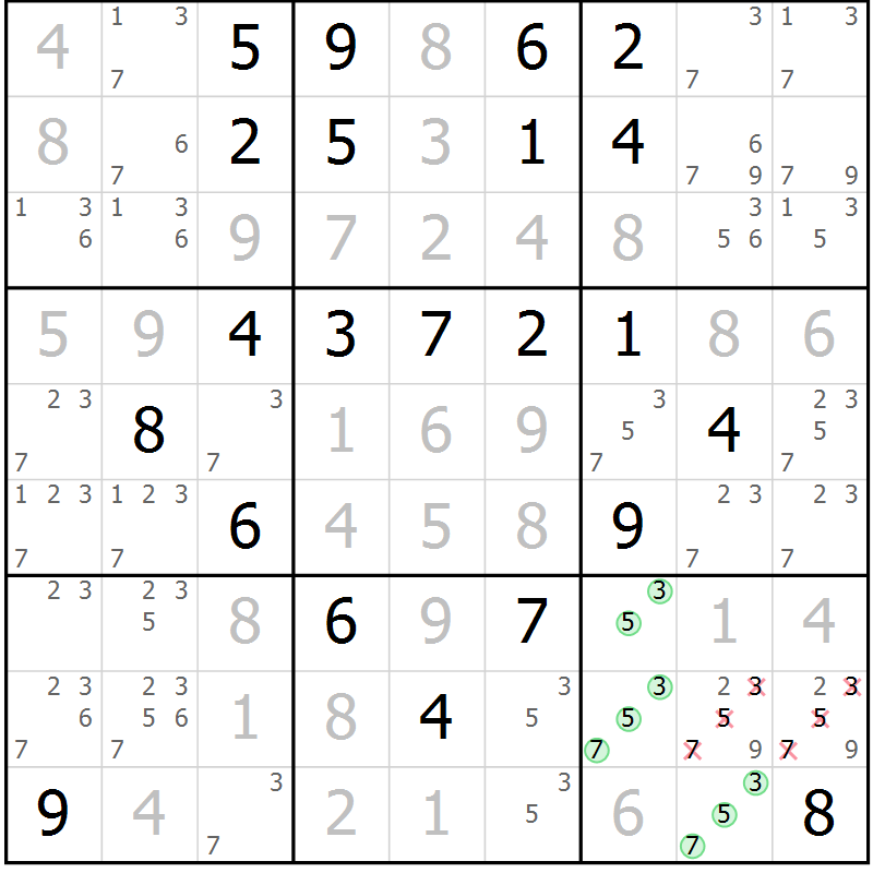 Position des candidats pour la solution de la Gr 99 page 102 du magazine de sudoku Giga sudoku niv 6-8 n° 032