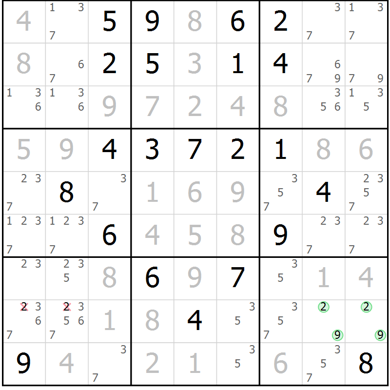 Position des candidats pour la solution de la Gr 99 page 102 du magazine de sudoku Giga sudoku niv 6-8 n° 032