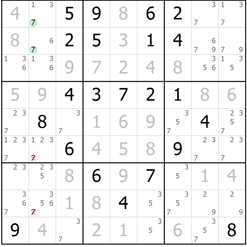 Position des candidats pour la solution de la Gr 99 page 102 du magazine de sudoku Giga sudoku niv 6-8 n° 032