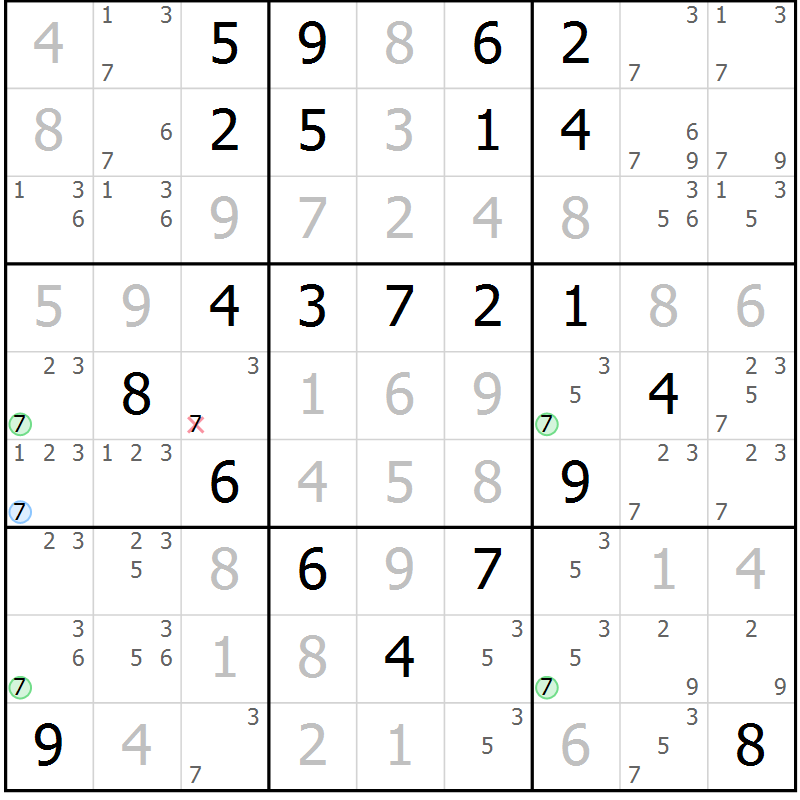 Position des candidats pour la solution de la Gr 99 page 102 du magazine de sudoku Giga sudoku niv 6-8 n° 032