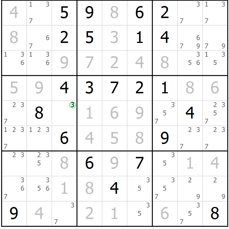 Position des candidats pour la solution de la Gr 99 page 102 du magazine de sudoku Giga sudoku niv 6-8 n° 032