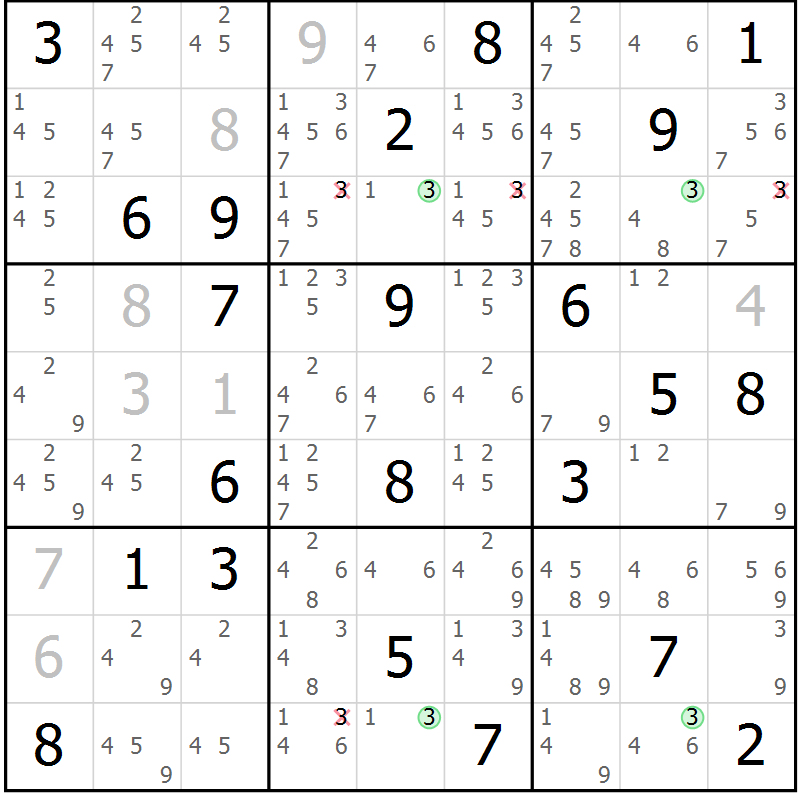 Position des candidats pour la solution de la Gr 10 page 13 du magazine de sudoku Suprême n° 023
