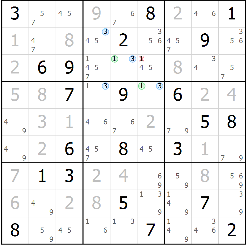 Position des candidats pour la solution de la Gr 10 page 13 du magazine de sudoku Suprême n° 023